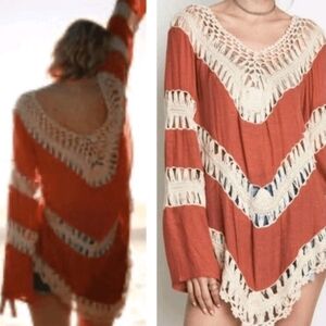Umgee Boho Rust Crochet Knit Poncho/top  SMALL
